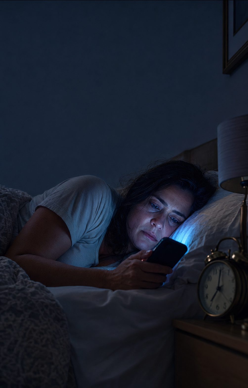 Mulher deitada na cama à noite, iluminada pela luz do celular, incapaz de dormir