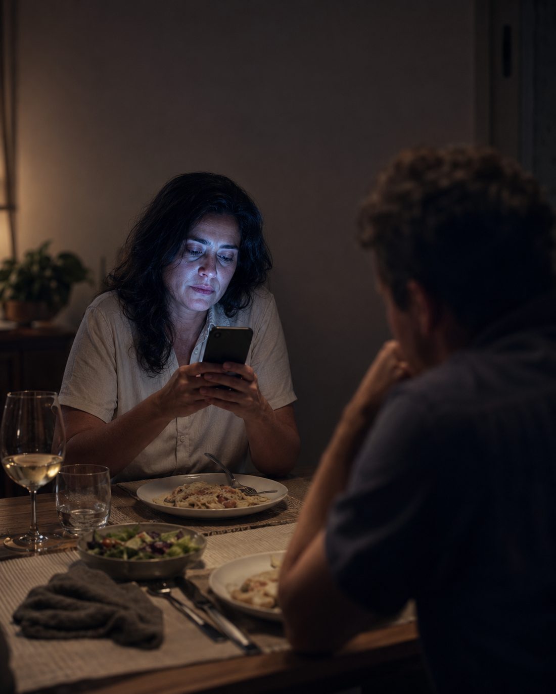 Mulher no celular durante o jantar, distraída da conversa com quem está à mesa